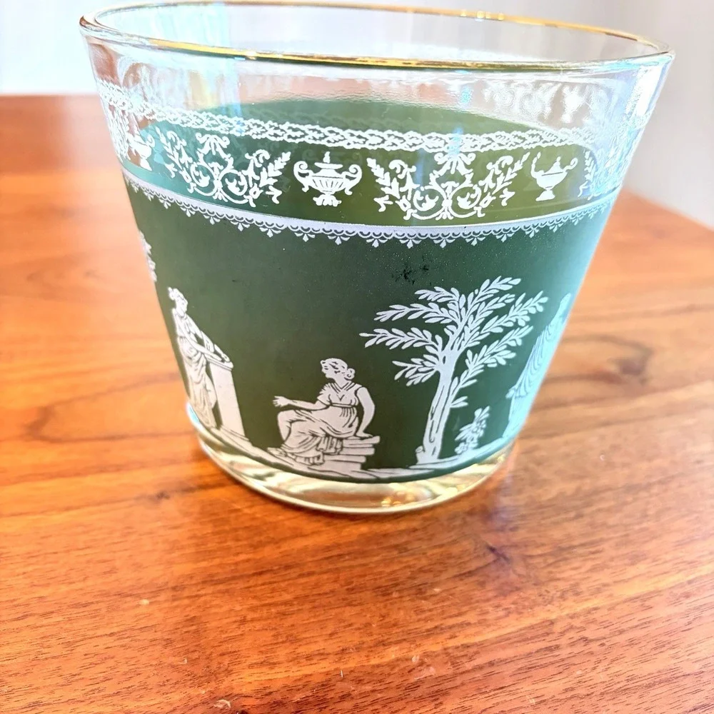 Vintage 1960s Jeanette Glass Green Hellenic Small Glass Ice Bucket MCM